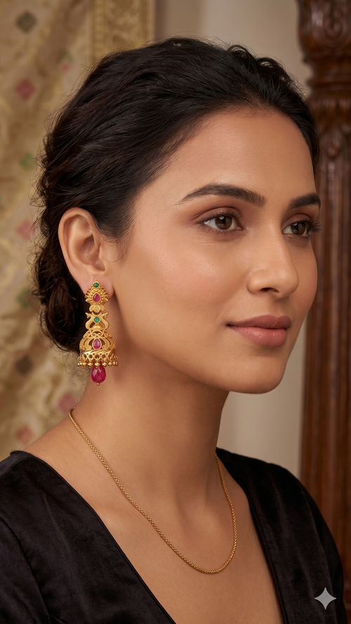KSURATI GOLD PLATED DIAMOND STUDDED HERITAGE JHUMKA