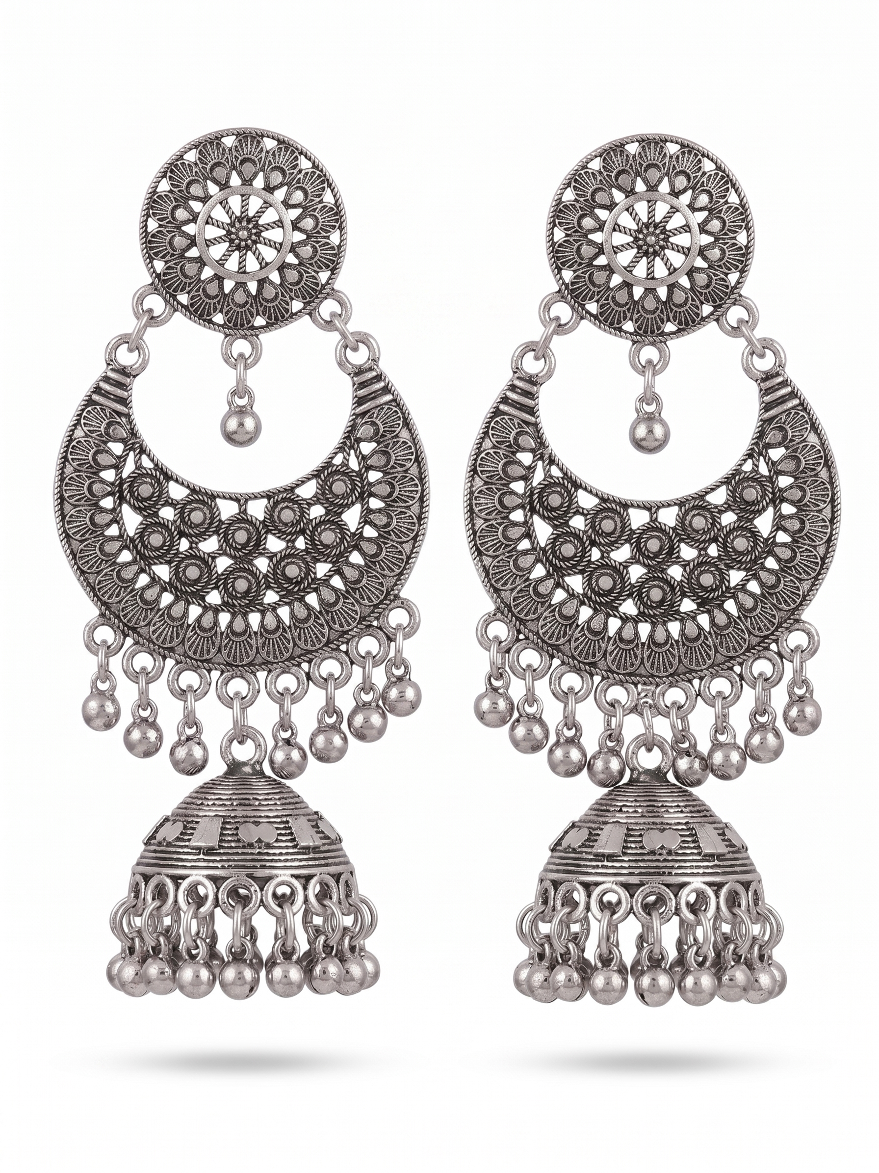 AVINA CHANDBALI SILVER PLATED OXIDISED JHUMKA EARRINGS